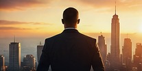 A leader looking toward a sunlit city skyline.