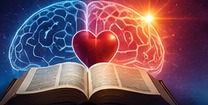 Conceptual artwork combining an open Bible, a heart, and brain connections.