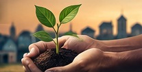 Hands supporting a young plant with a community in the background.